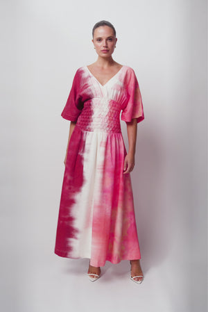 Smocked Waist Midi Dress - Rosewood Tie Dye
