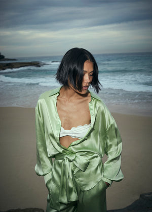 Ocean Tie Front Silk Shirt - Matcha Green | Sunset Lover