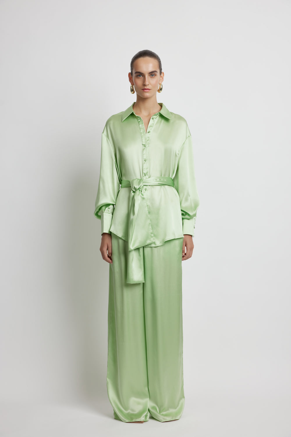 Ocean Tie Front - Matcha Silk Shirt Sunset Lover - Green