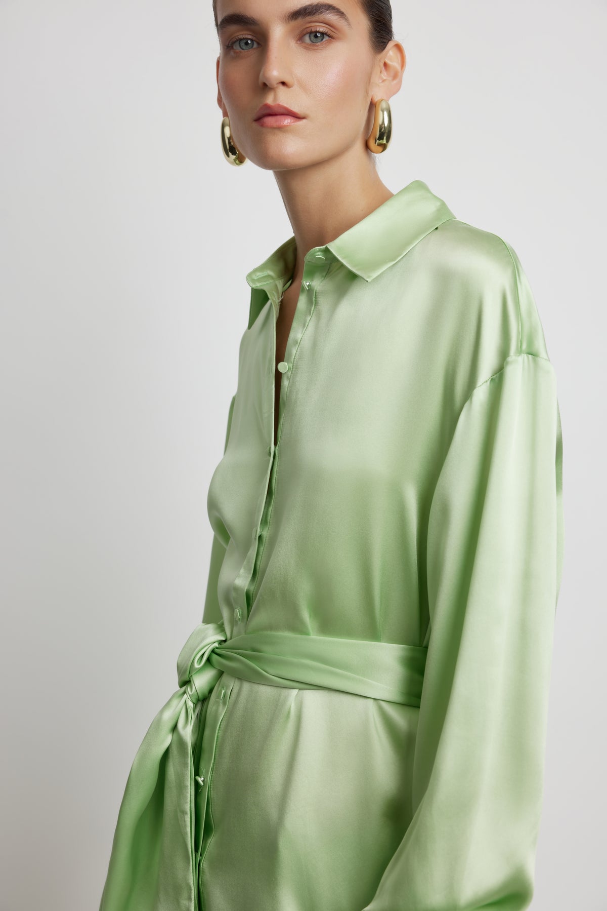 Ocean Tie Front Silk Shirt - Matcha Green