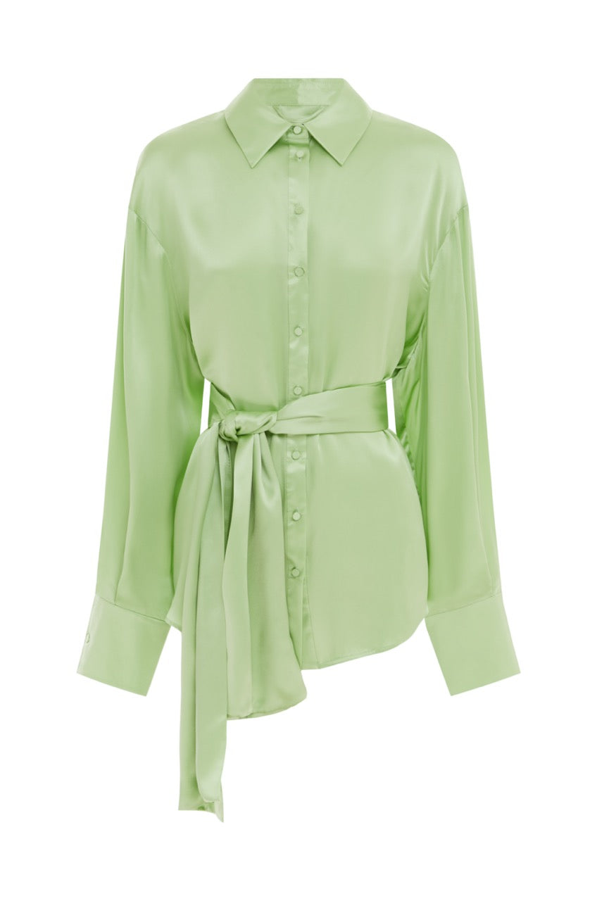 Ocean Tie Front Silk Shirt - Matcha Green