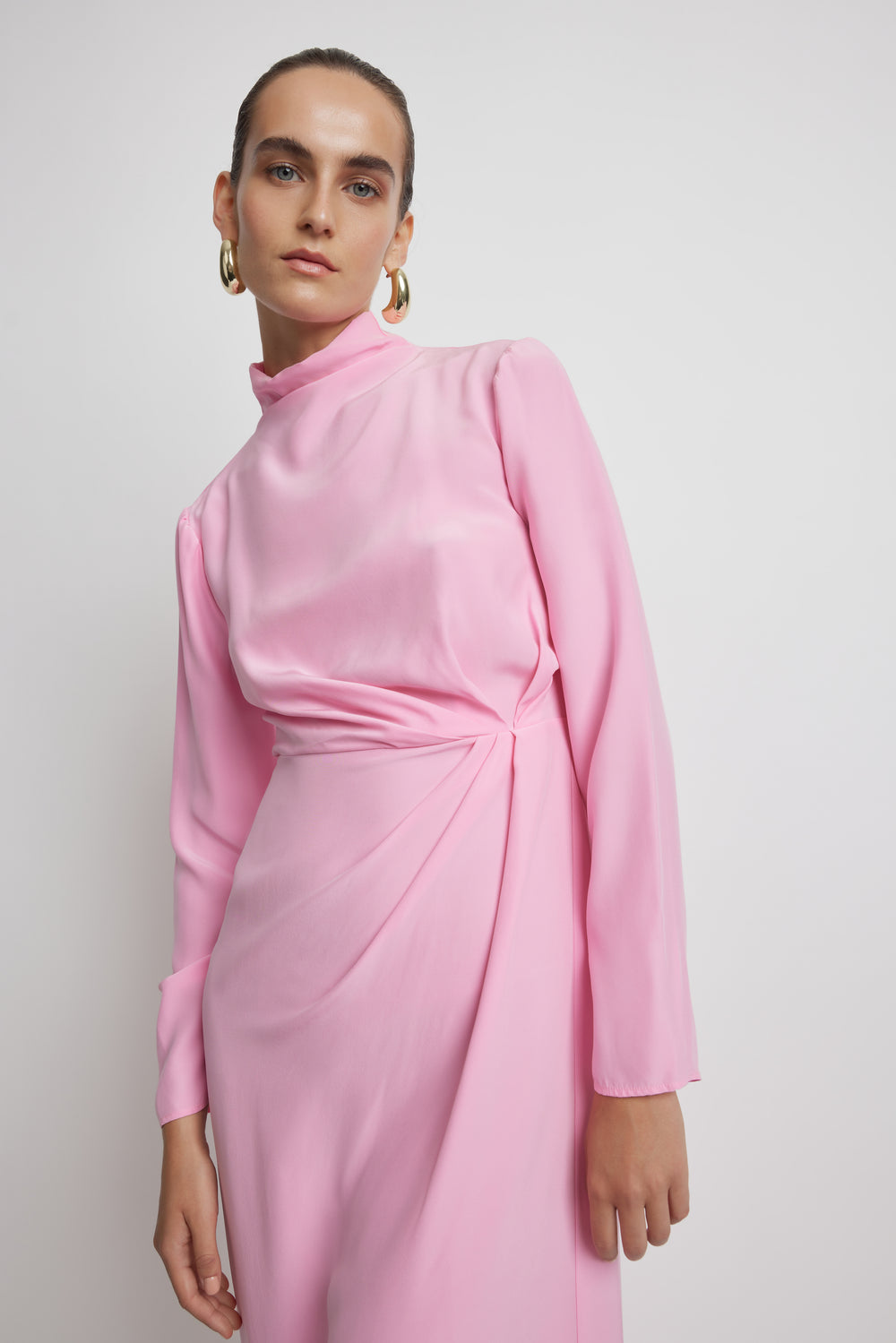 Twist Front Midi Silk Dress - Pink | Sunset Lover