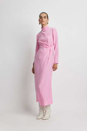 Twist Front Midi Silk Dress - Pink | Sunset Lover