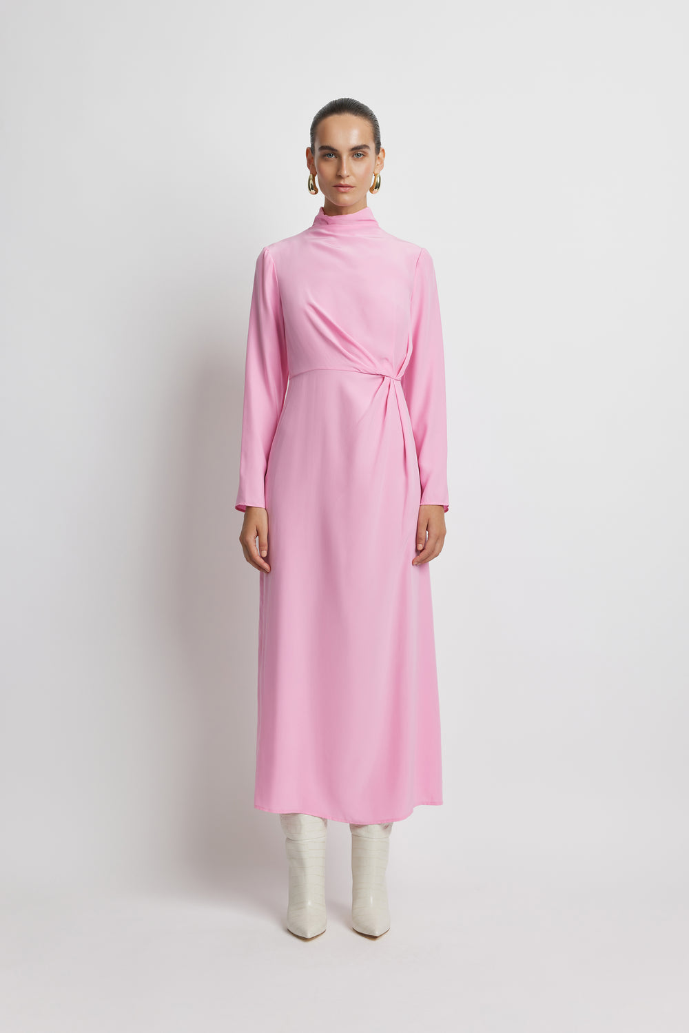 Twist Front Midi Silk Dress - Pink