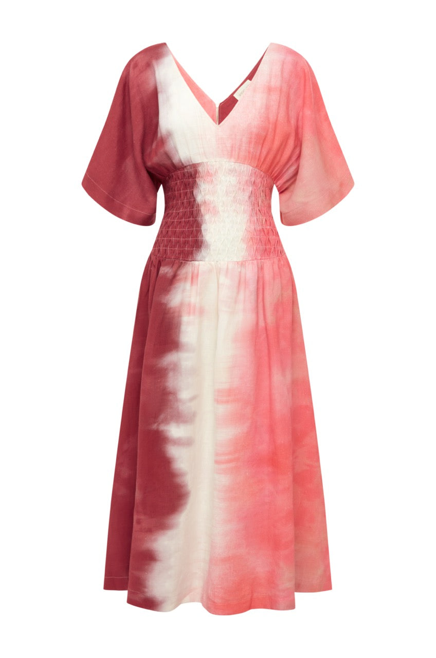 Smocked Waist Midi Dress - Rosewood Tie Dye