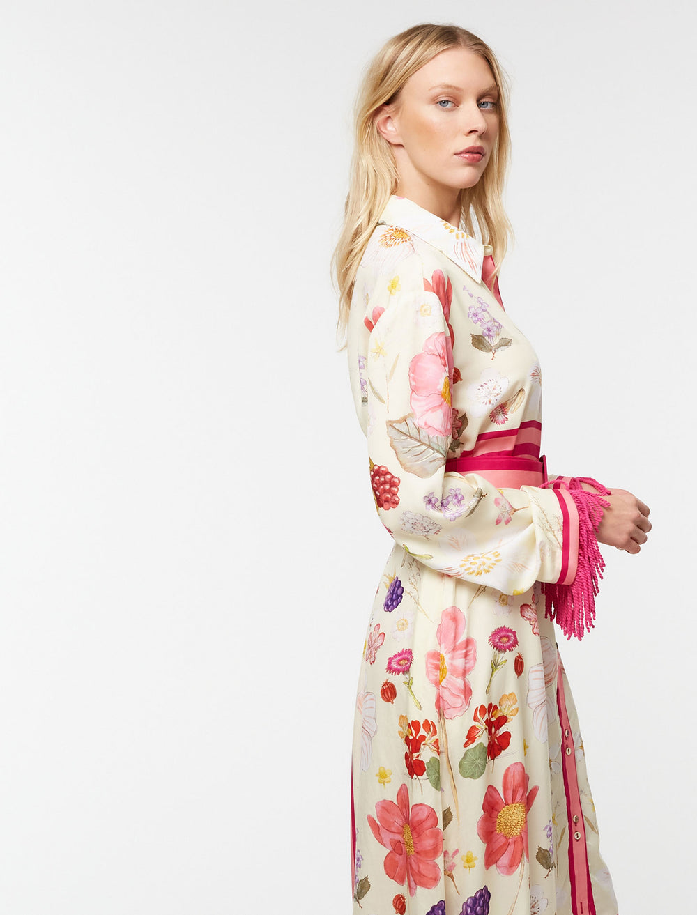 Flora Berry Fringe Shirt Dress - Border Floral Print | Sunset Lover